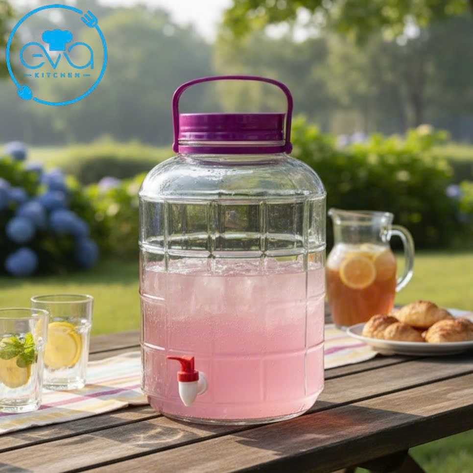 Bình Thủy Tinh Có Vòi 10L Nắp Tím Quai Xách - Hũ Thủy Tinh Đựng Nước Detox QX10LV Có Vòi