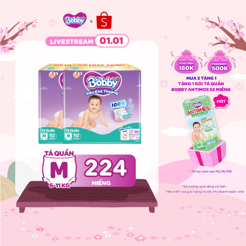   KOL   TẶNG MIẾNG  Combo 02 tã quần Bobby Siêu Khô Thoáng - 100% Thoáng Khí Mega Jumbo M112 L96 XL84 XXL76 