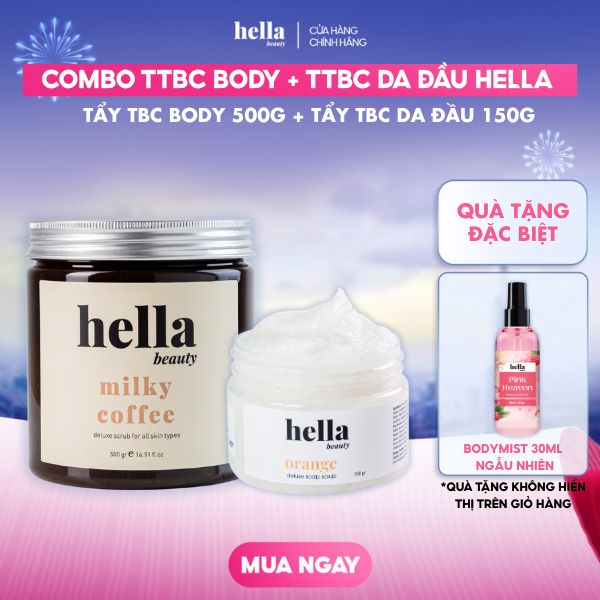 Combo tẩy tế bào chết body Hella Beauty 500g + Tẩy tế bào chết da đầu tinh chất quả cam Hella Beauty