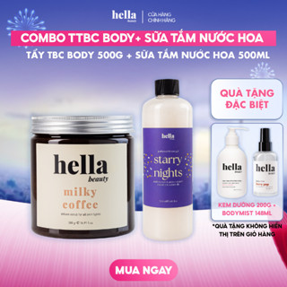  Combo tẩy tế bào chết cho body Hella Beauty 500g + Sữa tắm dưỡng ẩm mịn sạch sâu cho da Hella Beauty 