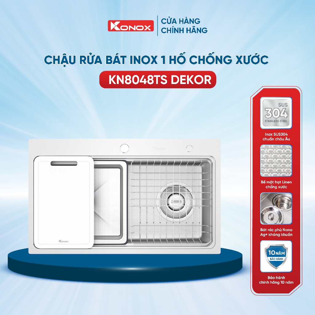 Chậu rửa bát inox 1 hố chống xước Konox KN8048TS Dekor - Bảo hành 10 năm