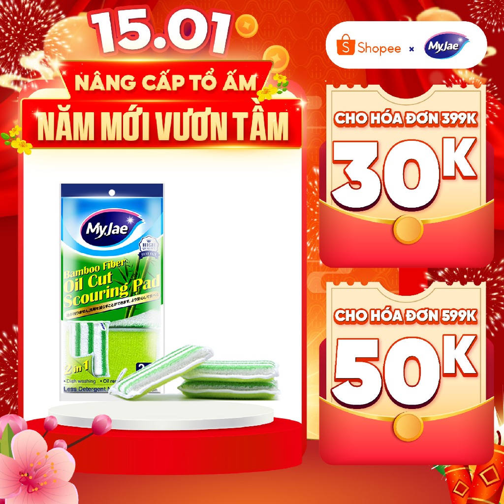 Miếng rửa chén đa năng sợi tre MyJae, miếng rửa chén chống xước 2 mặt, siêu bền đánh bay dầu bẩn