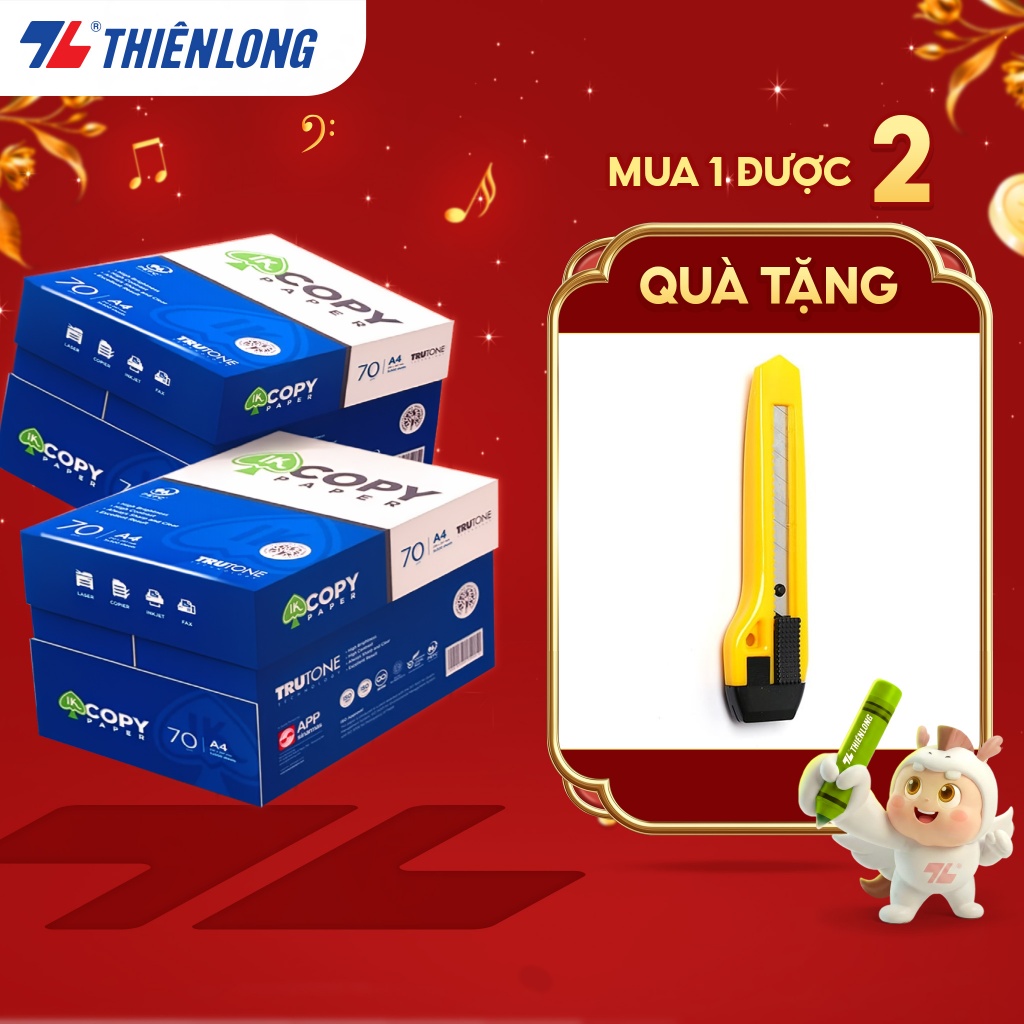 10 ream Giấy in A4 70 gsm, giấy A4 photo IK Copy Paper Thiên Long 500 tờ/ream, đều màu, độ dày cao, 