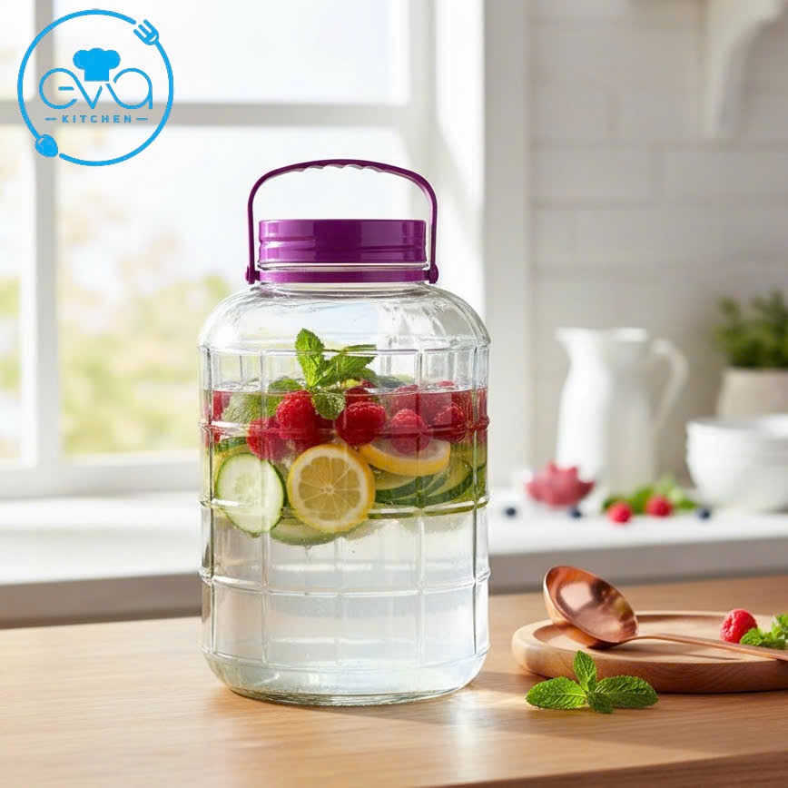 Bình Thủy Tinh Ngâm Rượu 10L Nắp Tím Quai Xách Cao Cấp - Hũ Thủy Tinh Ngâm Rượu Trái Cây QX10L