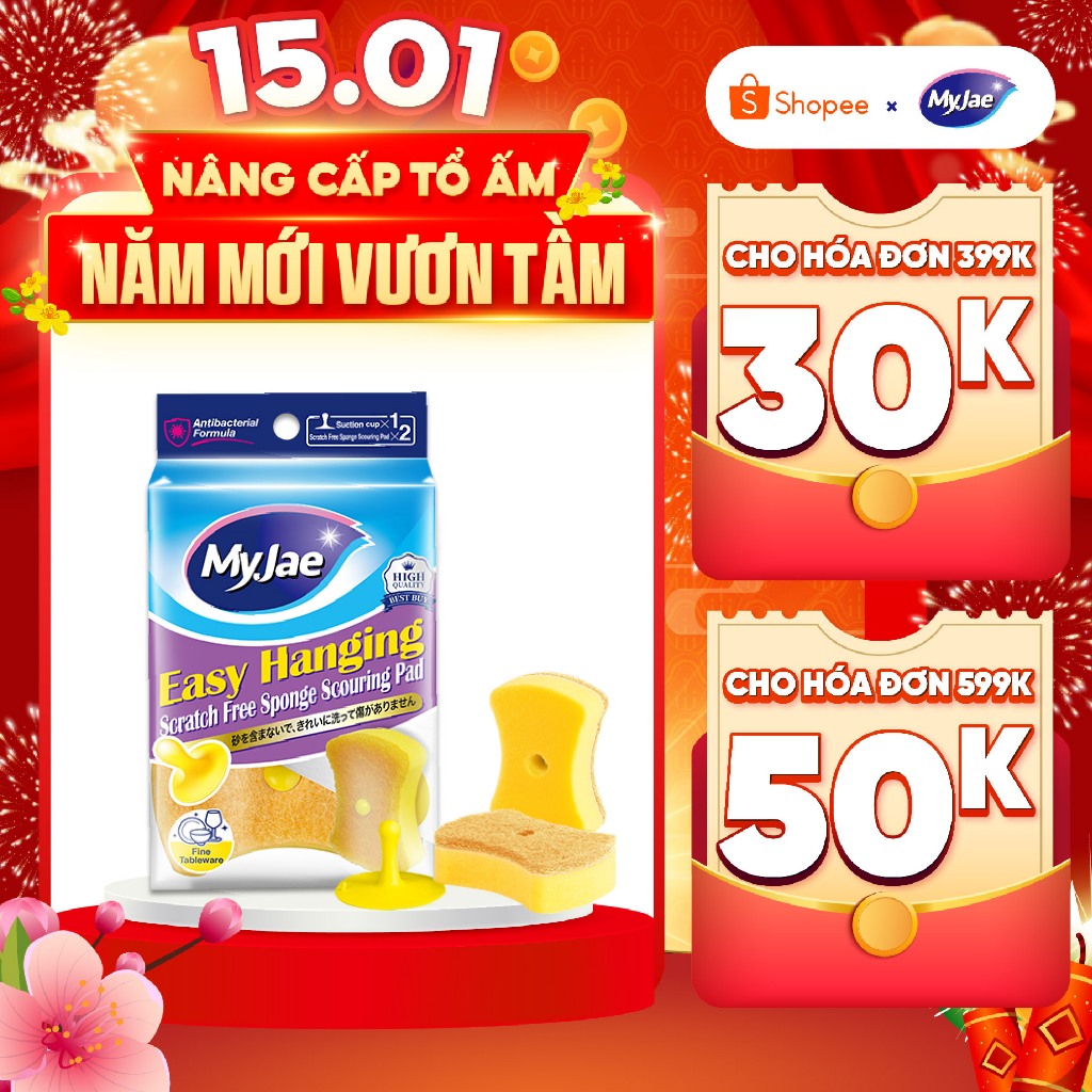 Miếng bọt biển rửa chén MyJae 2 mặt, mút xốp rửa bát đa năng kèm miếng nhựa hít kê (2miếng/gói