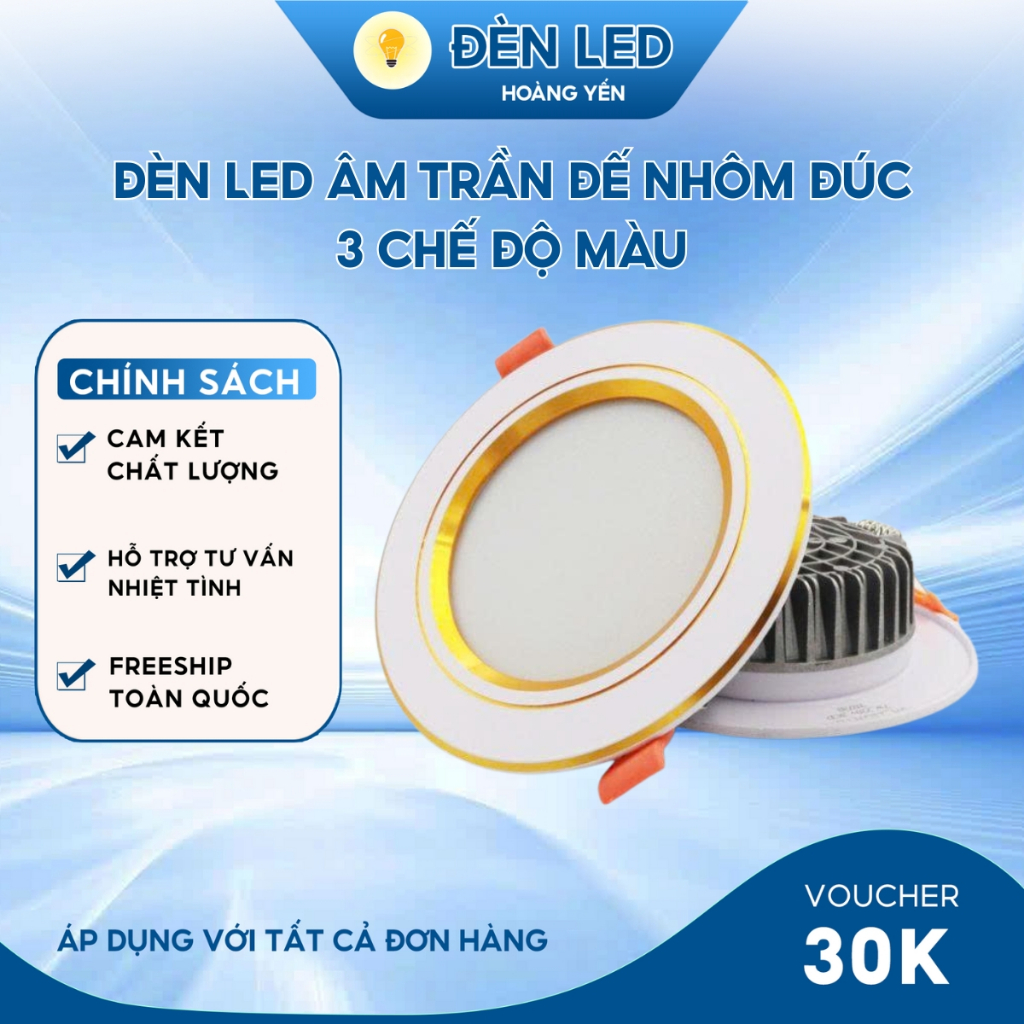 Combo 10, 5 đèn led âm trần 7W, 9W D90 3 chế độ màu đế đúc nhôm , viền vàng, viền bạc