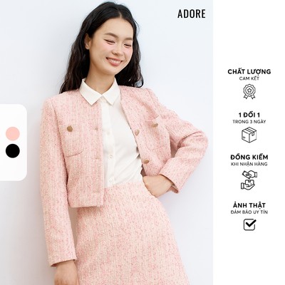 512TW1004 - Blazer tweed hồng hạt nổi/text karo đen trắng  ADORE