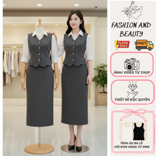  VT250902 - Sét Vest Công Sở Nữ Dáng Dài - Áo Ghi Lê Phối Sơ Mi & Chân Váy Dài Sang Trọng 