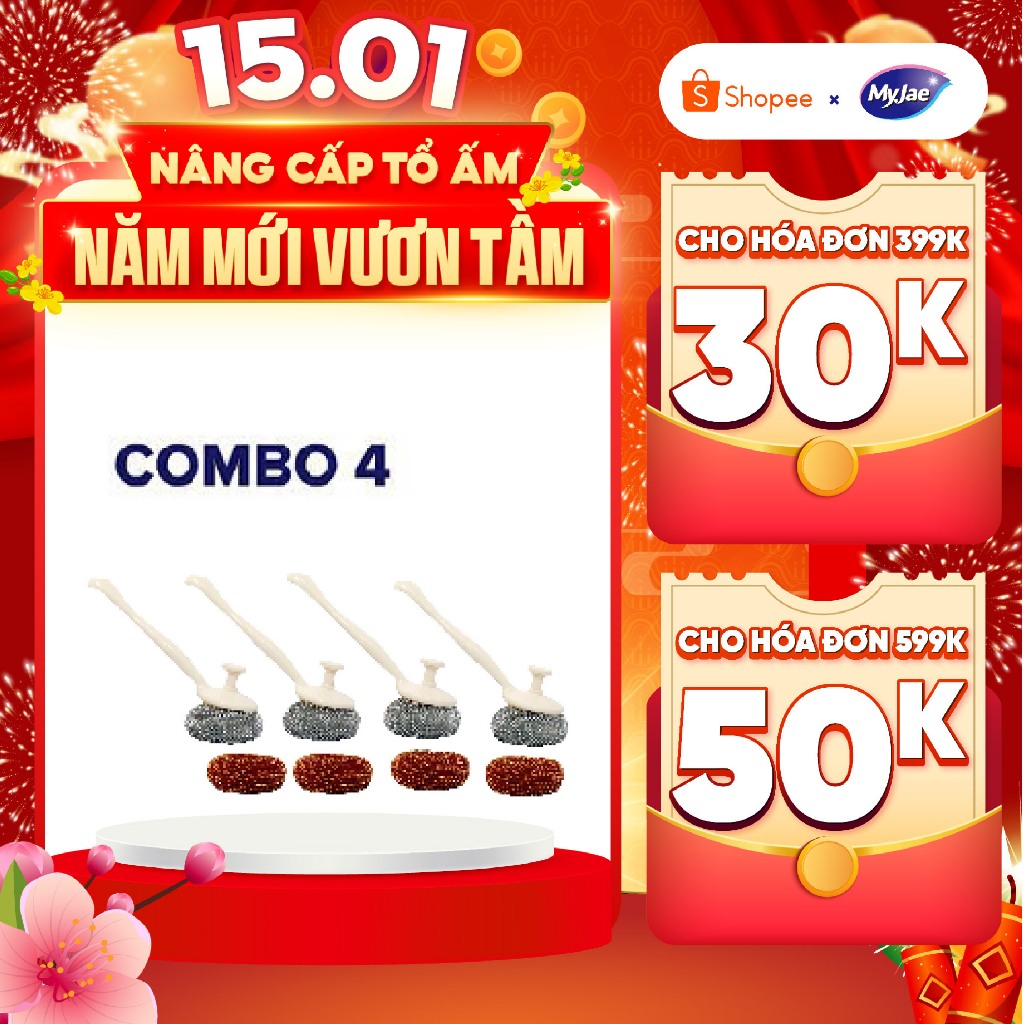 COMBO 4 Chổi Cọ Xoong Nồi Kèm 2 Miếng Cọ Nồi Đa Năng Tiên Lợi MyJae