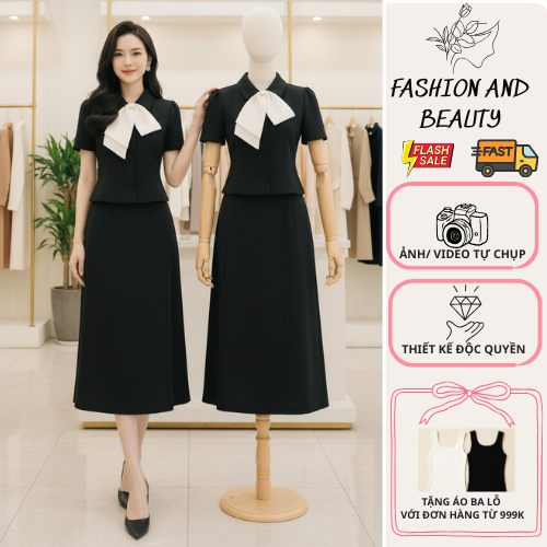 VT251016 -  Sét Bộ Nữ Công Sở -  Áo Vest Ngắn Tay Phối Nơ + Chân Váy Dài Sang Trọng
