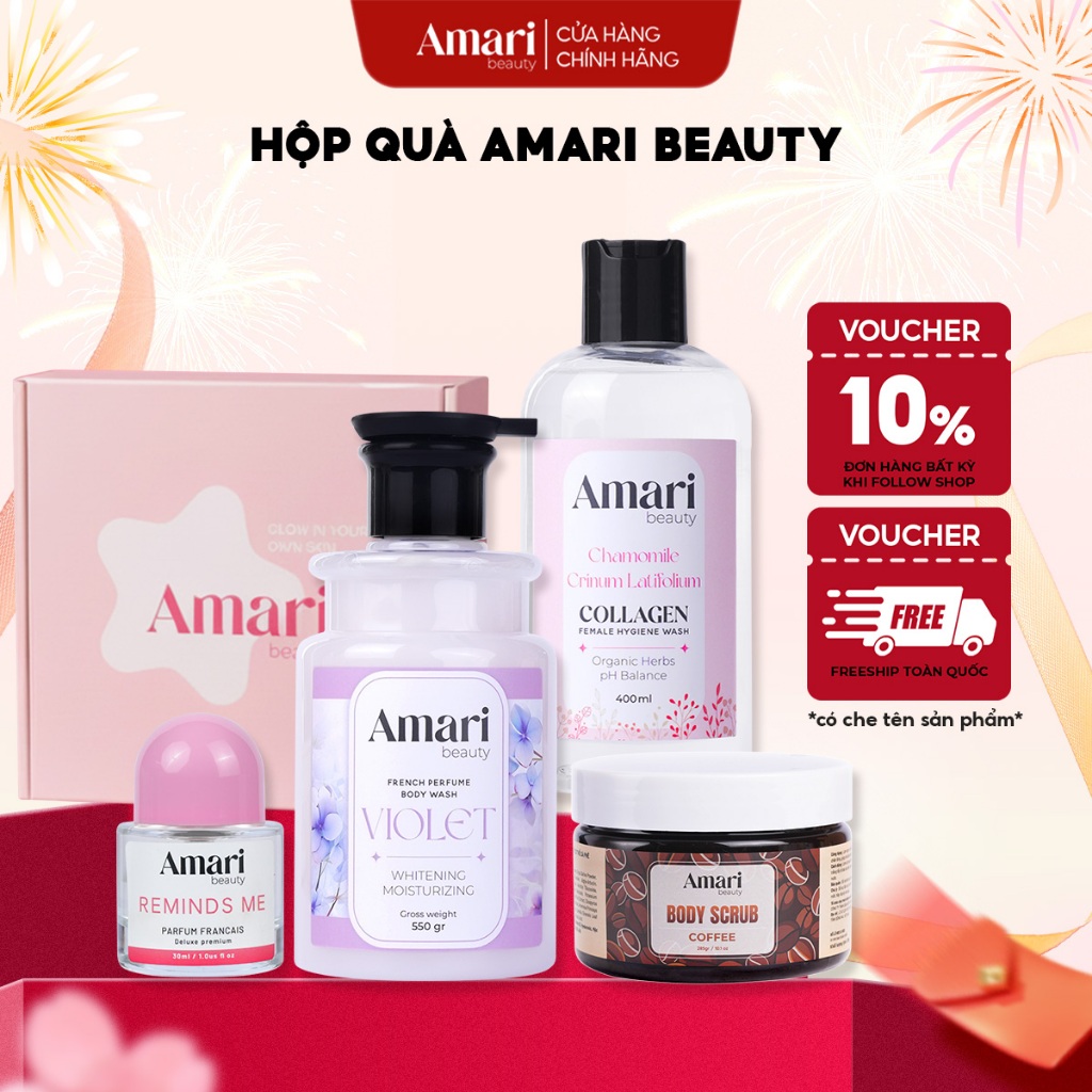 Hộp Quà 4 Món Amari Beauty Dung Dịch Vệ Sinh 400ml + Sữa Tắm 550gr + Tẩy Tế Bào Chết 285gr + Nước ho