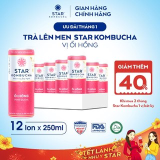  Thùng 12 lon trà STAR KOMBUCHA Ổi Hồng   Pink Guava  250ml lon  - Trà kombucha hữu cơ có chứa probiotics tiêu hóa tốt 