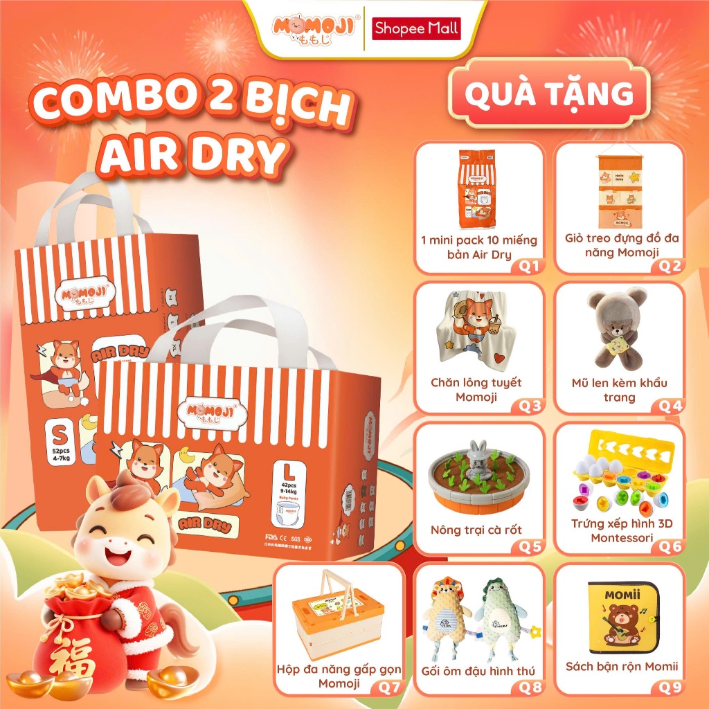 Combo 2 Tã Bỉm Dán Quần Momoji Air Dry Êm Mềm Siêu Khô Thoáng An Toàn Cho Bé NB S M L XL XXL XXXL cho bé 5 - 30KG 