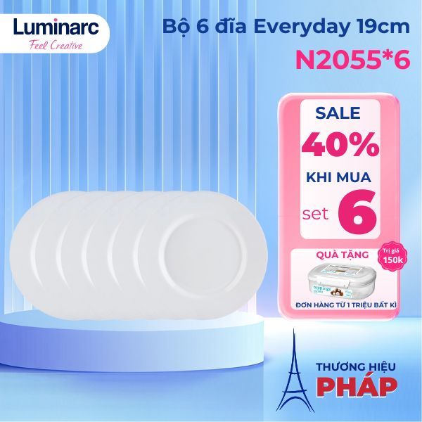 Đĩa (dĩa) thủy tinh Luminarc Everyday 19cm N2055 | Hàng chính hãng, đĩa thủy tinh trắng trơn