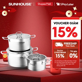  Bộ nồi inox 5 đáy Sunhouse Mama SH784: Gồm 3 nồi - Dùng mọi loại bếp - Đáy 5 lớp hạn chế cháy khét - Hàng chính hãng 