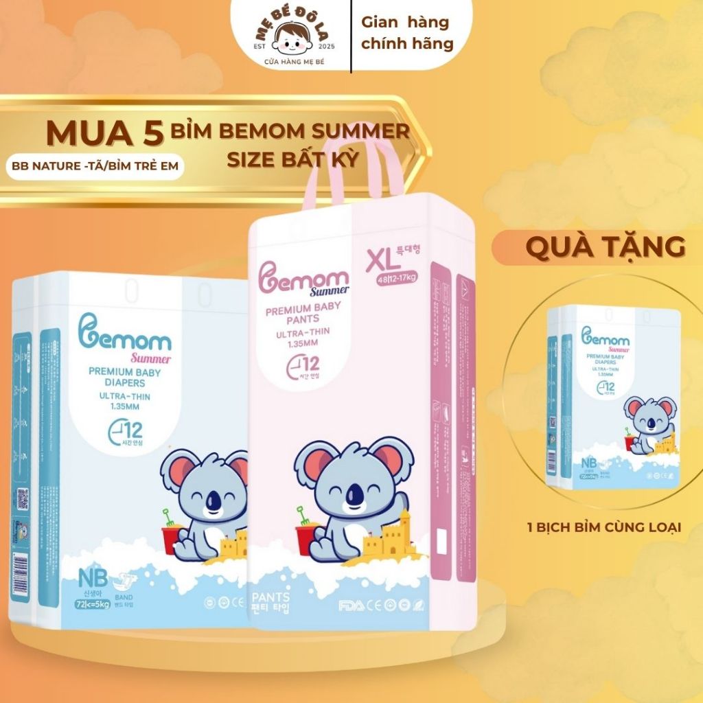 5 Bịch Tã Bỉm Bemom Summer - Tặng 1 Bịch Bỉm Cùng Loại - Tã Dán Quần Bemom Summer Full Size NB-XXXL