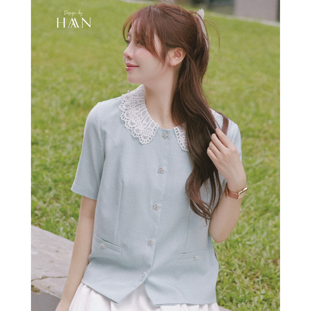 Áo Sơ Mi Nữ Kiểu Cổ Tròn Đính Cúc Cách Điệu Màu Xanh Ngọc Thanh Lịch HAAN Design SM904