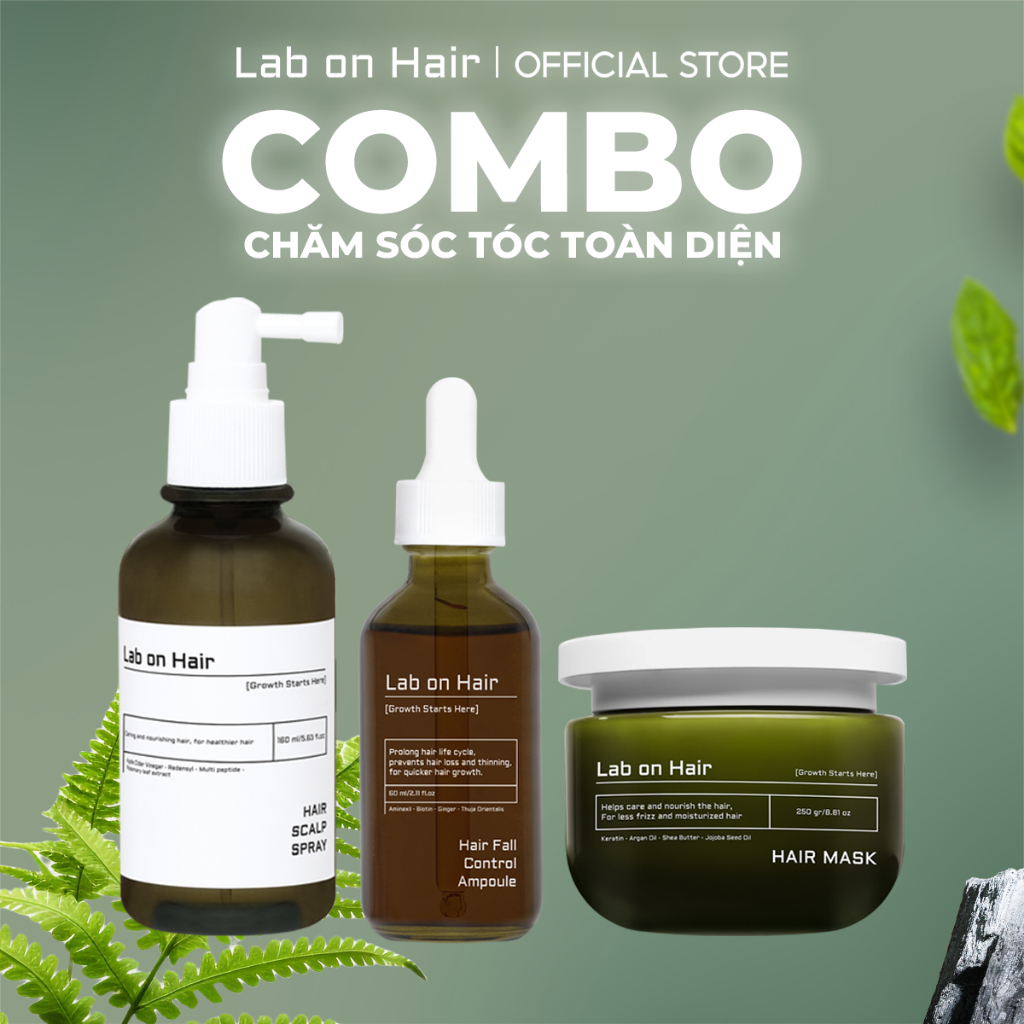 Combo xịt mọc tóc + Tinh chất sâm gừng + Kem Ủ Tóc  Lab on Hair  giảm gẫy rụng tóc  160ml+60ml+250ml