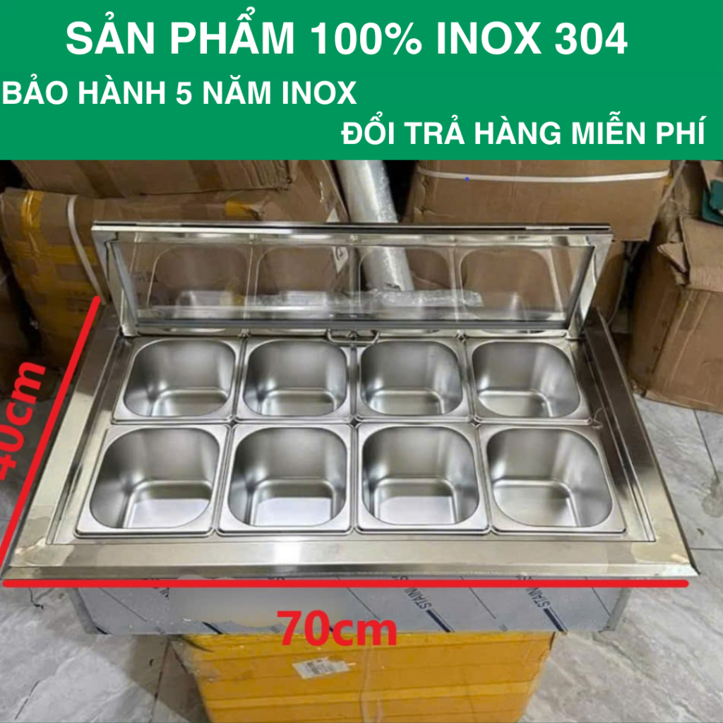 Thùng inox 304 loại 3 lớp đựng đá kèm 8 khay topping nắp mica gập, giữ đá làm lạnh cả ngày