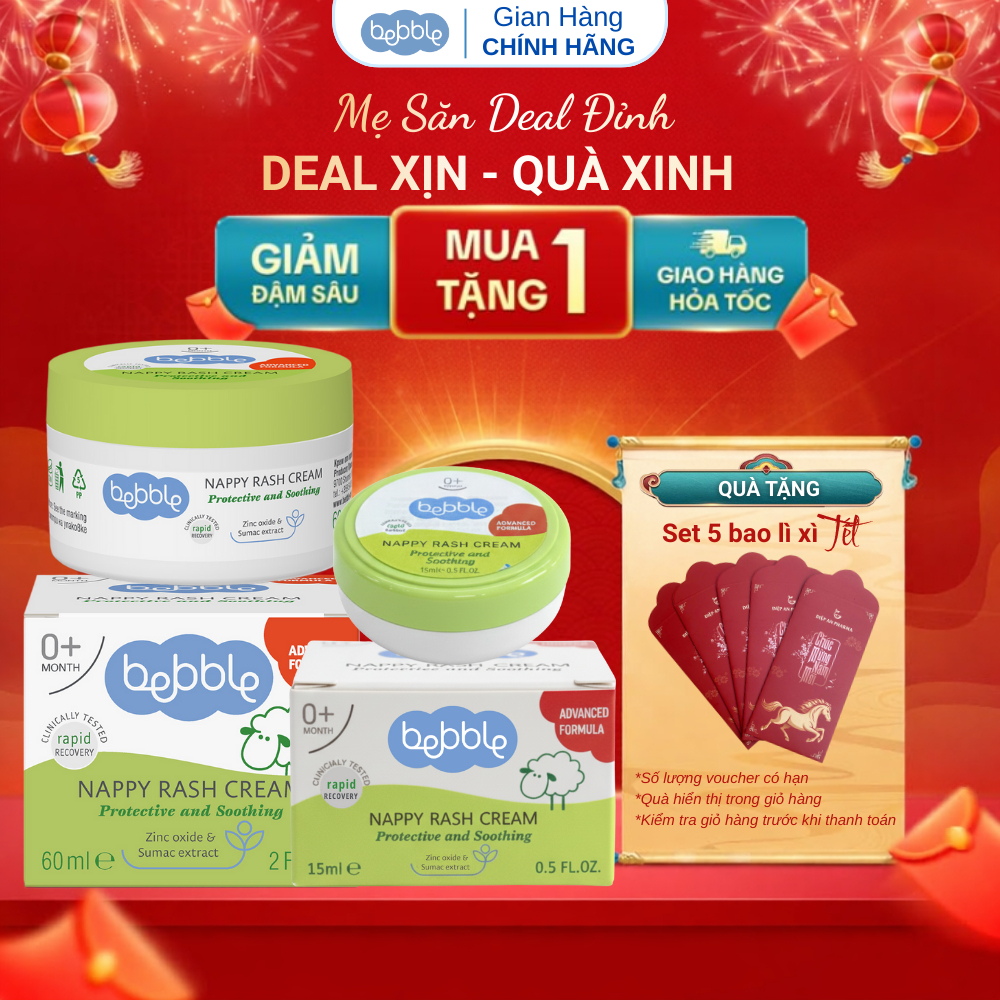 Combo 2 size Kem hăm tã Bebble Nappy Rash Cream 1 hũ size 15ml và 1 hũ size 60ml, giảm tình trạng hă
