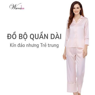 Đồ bộ mặc nhà Pijama nữ WANNABE đồ bộ lụa quần dài tay dài phối ren nhỏ ở lai sang trọng BDS12