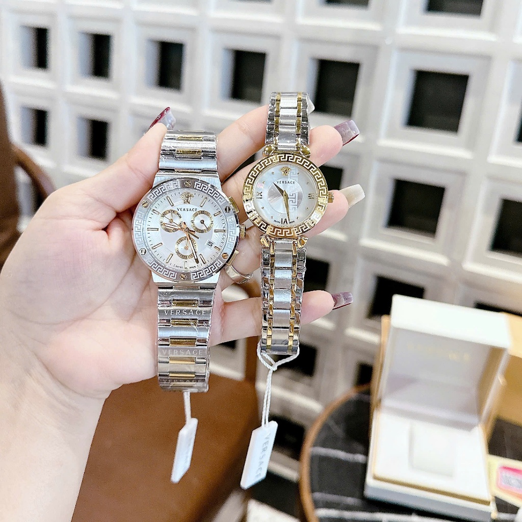 Combo đồng hồ nam nữ Versace V16060017 Daphnis Watch 35/43mm, Full box, luxury diamond watch