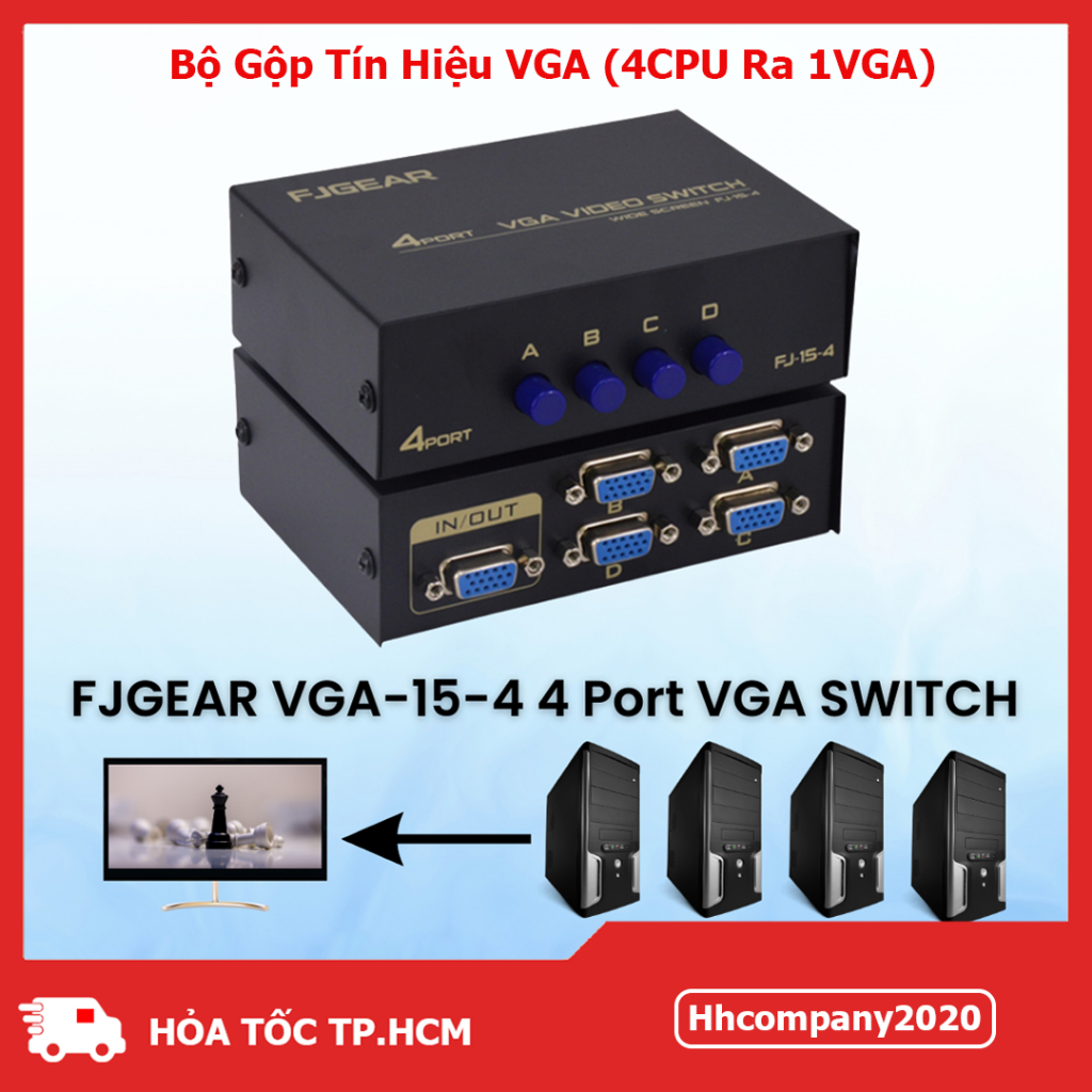 Bộ Gộp VGA 2CPU/4CPU Ra 1 VGA – VGA Switch 2 In 1 Out/4 In 1 Out Vỏ Kim Loại Chống Nhiễu