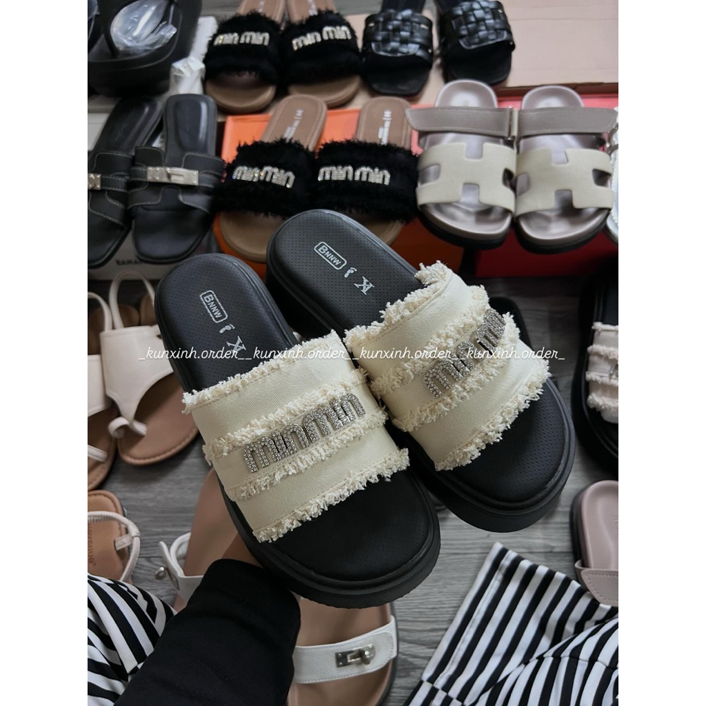💎 Dép Lê Nữ Quai Ngang Đính Đá Chữ Miumiu 5 phân - Dép Bệt Viền Tua Rua Sang Chảnh Hot Trend