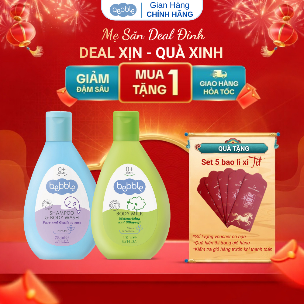 Bộ đôi sữa tắm gội Bebble 200ml, sữa dưỡng ẩm Bebble 200ml dành cho trẻ sơ sinh từ 0 tháng tuổi