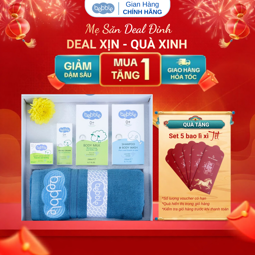 Combo quà tặng BEBBLE, bộ chăm sóc trẻ sơ sinh, tặng ngay khắn tắm cotton size đại Bebble