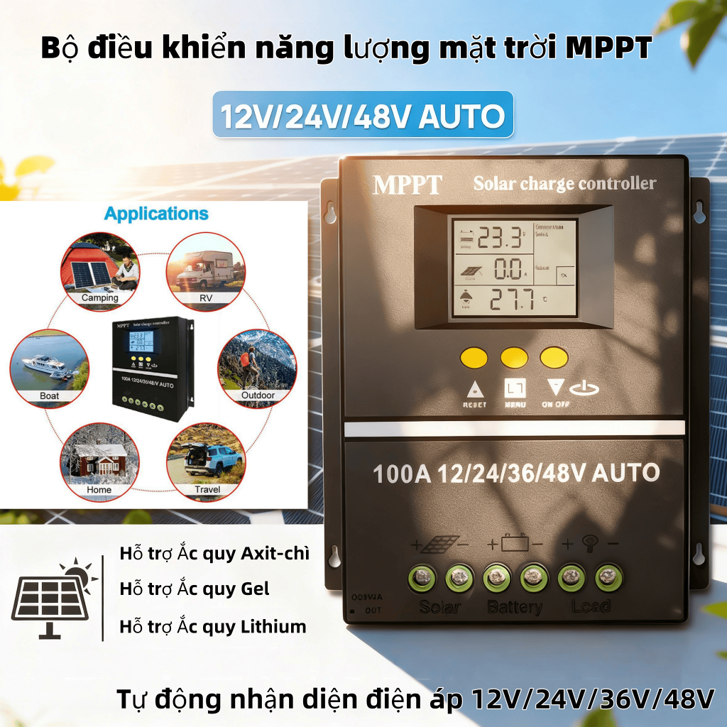 Bộ Điều Khiển MPPT 100A - Tự Nhận Diện Áp - Pin Lithium/Gel/Axit-chì - USB