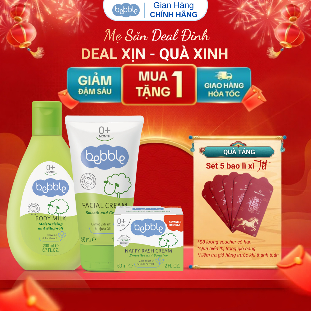 Bộ 3 sản phẩm Kem Hăm 60ml + Sữa dưỡng ẩm toàn thân Bebble 200ml + Kem dưỡng ẩm da mặt Bebble  FACIA