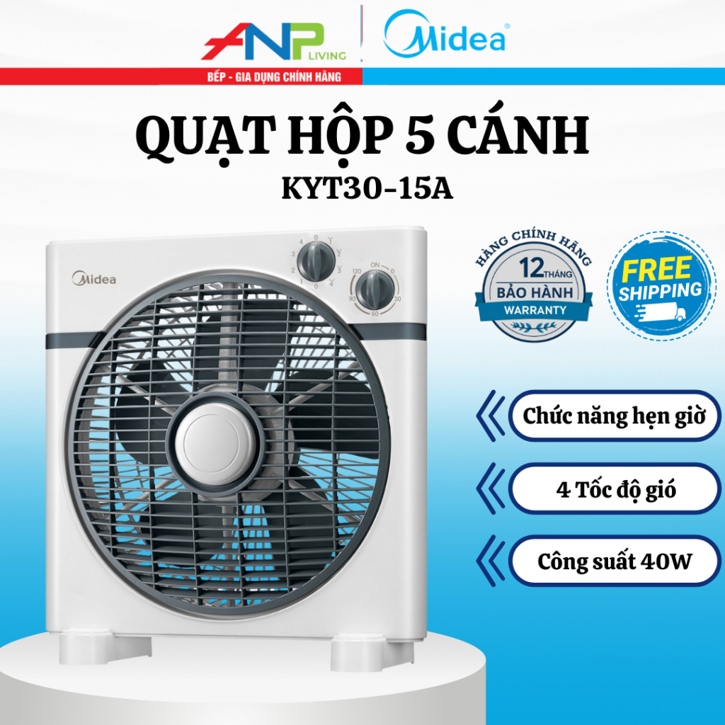 Quạt Hộp Midea 40W KYT30-15A – 5 Cánh, 4 Tốc Độ Gió, Có Hẹn Giờ, Tiết Kiệm Điện, Phù Hợp Gia Đình