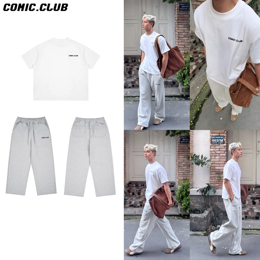 Set basic logo caosu non áo thun 270gsm 100% cotton 2 chiều, quần nỉ 2 da Comic.Club