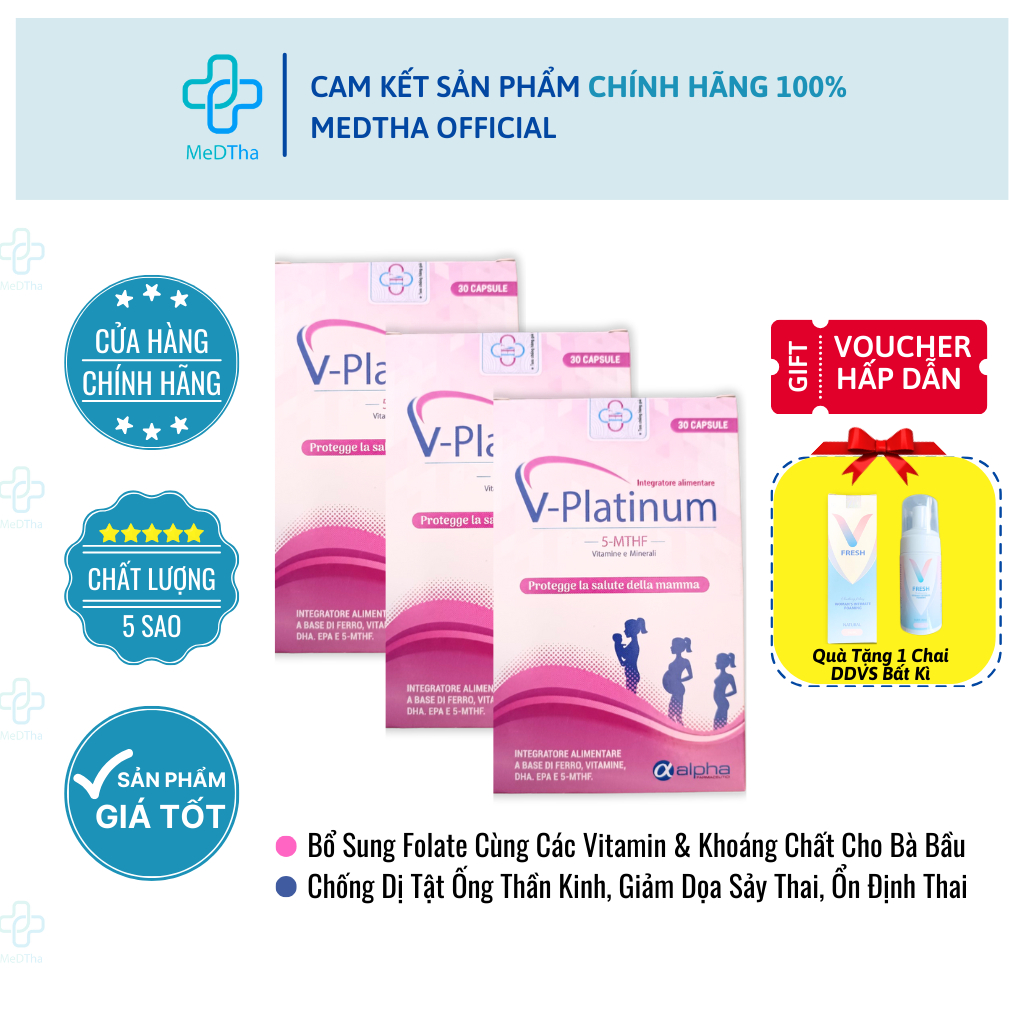 Combo 3 HỘP V-Platinum 5-MTHF - Bổ Sung Acid Folic / Folate, Sắt, Vitamin Tổng Hợp (Hộp 30 Viên)