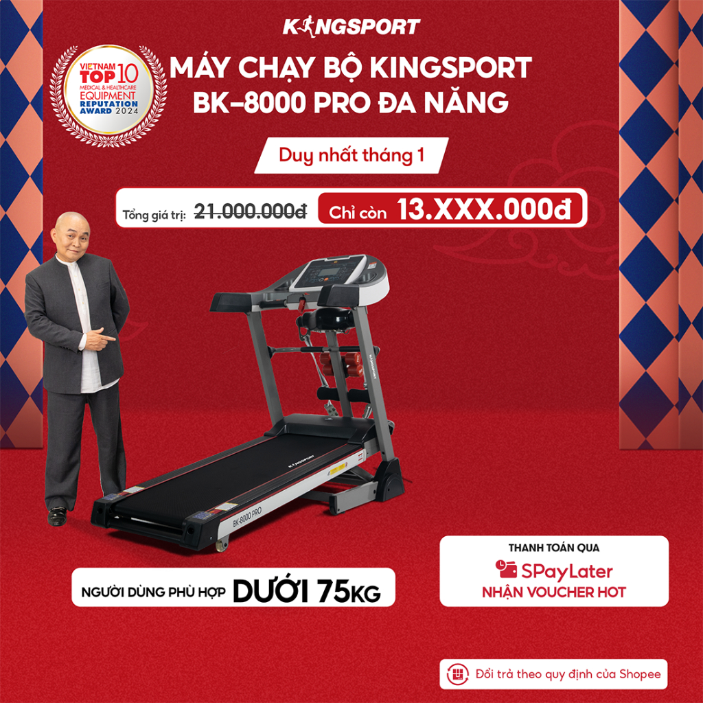 Máy chạy bộ KINGSPORT BK-8000 Pro đa năng, nâng dốc tự động 18% tốc độ tối đa 14km/h, kèm đai massag