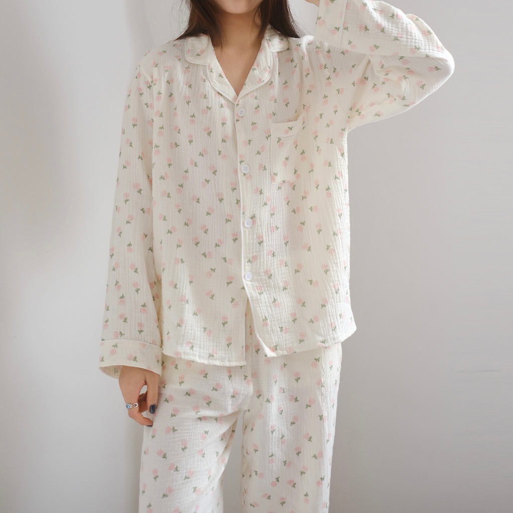 Đồ Ngủ Nữ Ngắn Và Dài - Đồ Bộ Mặc Ở Nhà Chất Liệu Xô Muslin - PINK TULIP PYJAMA - JOAN.STUDIO