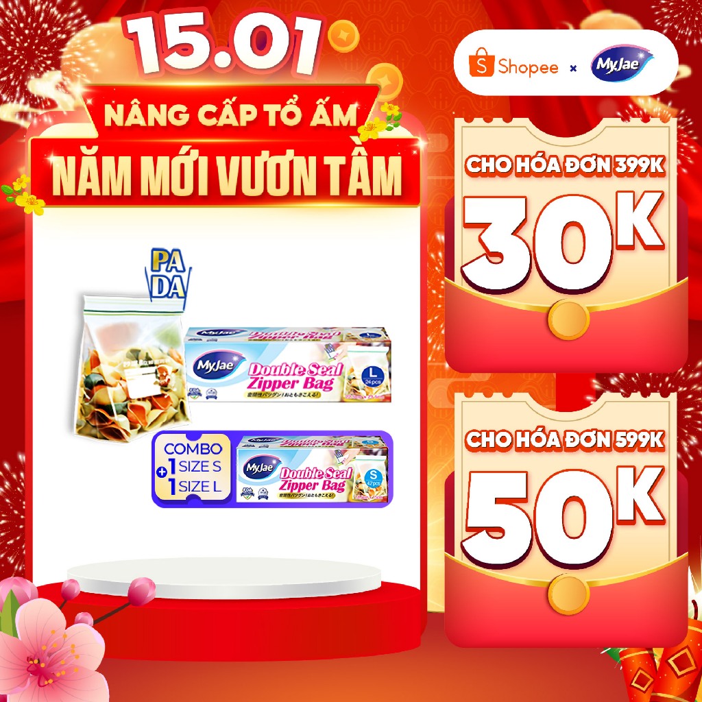 Combo 2 size S+L Túi Zip PE Trong Suốt 2 Đường Kéo MyJae, Túi Bọc Đồ Ăn, Bảo Quản Tủ Lạnh