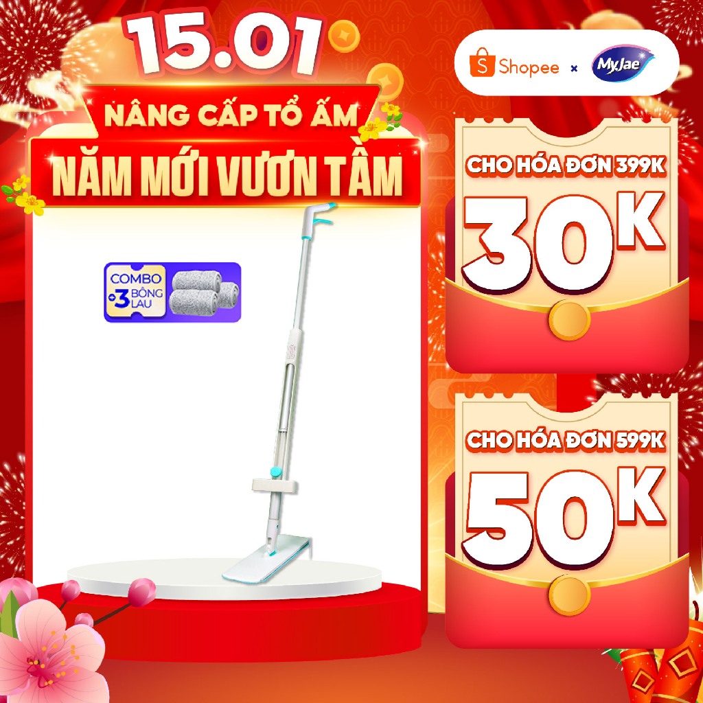 Combo 3 Bông Lau + 1 Cây Lau Nhà MyJae Sợi Microfiber Tự Vắt Phun Sương Xoay 360 Độ Thông Minh 138cm