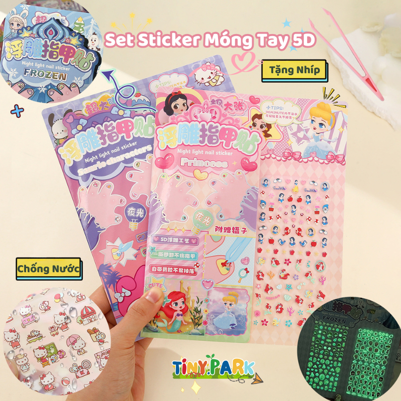 Set Sticker Móng Tay 5D Phát Sáng Cho Bé – Dán Móng Công Chúa, Hoạt Hình Dễ Thương, An Toàn Cho Trẻ