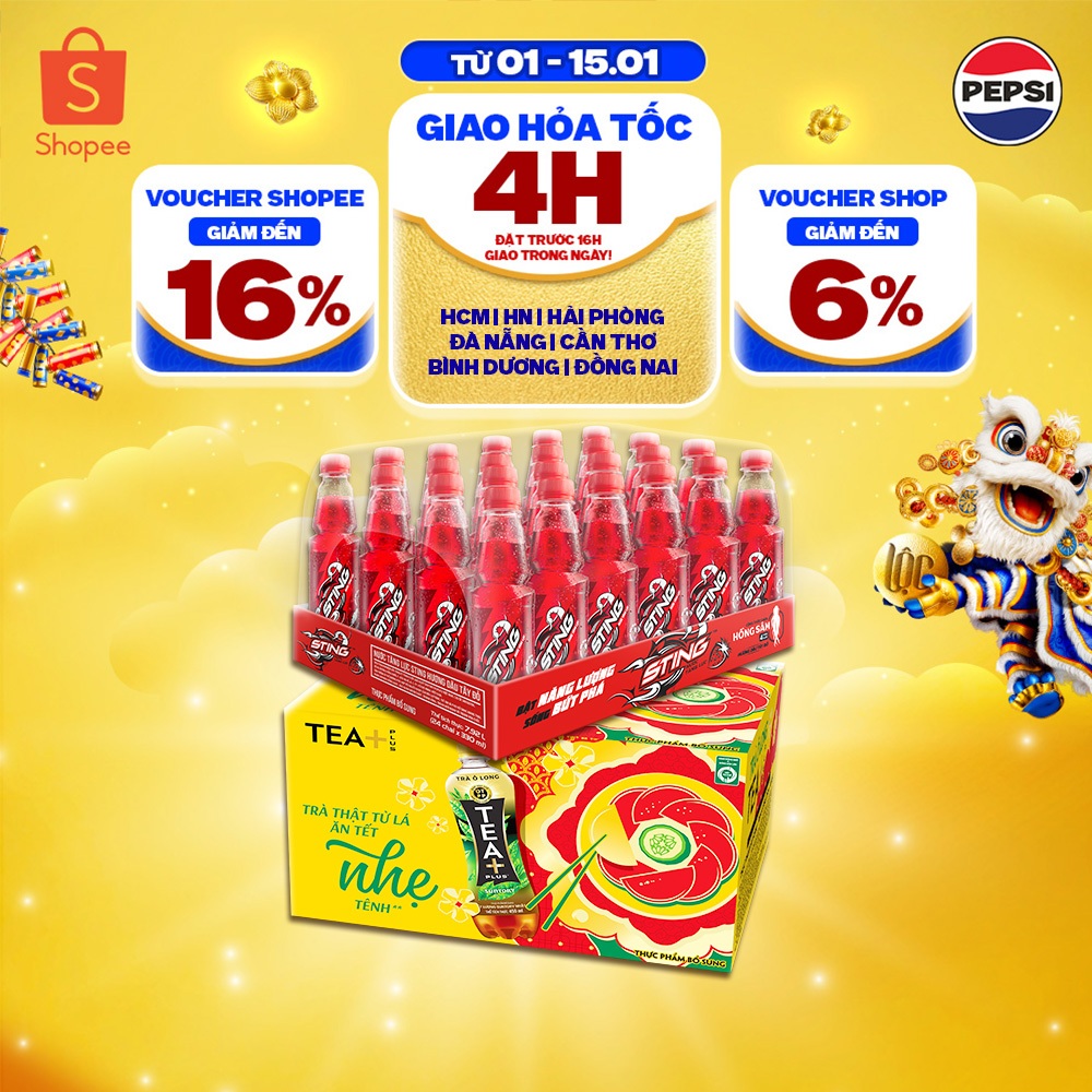 [SALE TẾT] Combo 1 Thùng 24 Chai Sting Dâu và 1 Thùng 24 Chai Tea+ (330ml và 450ml/chai)