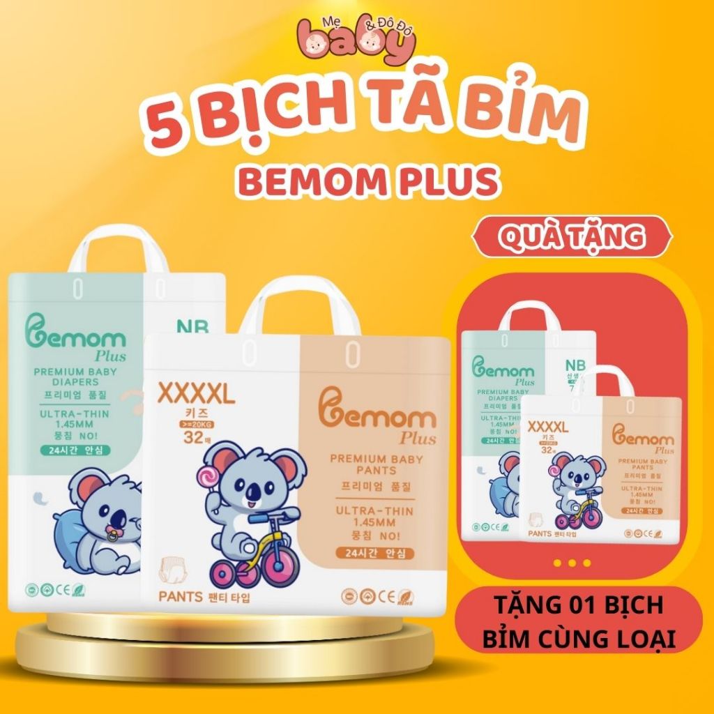 [ 5 Bịch Tã Bỉm Bemom Plus ] - [ Tặng 01 Bịch Bỉm Cùng Loại ] - Tã Bỉm Bemom Plus Full Size Cho Bé
