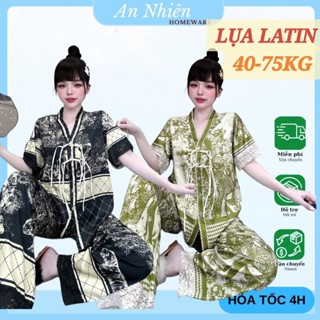  Đồ ngủ nữ 40-75kg đồ bộ pijama dài cộc tay ngắn cổ v chữ y nút tàu vải lụa latin mịn mát in hình sang trọng đồ ngủ lụa 