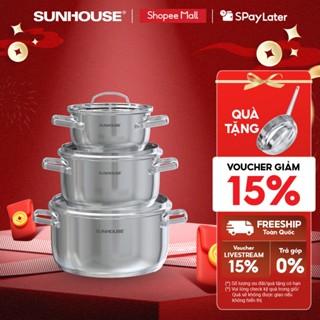  Bộ nồi Inox 304 Sunhouse Healthy SHG605 - Gồm 3 nồi size 16,20,24cm -Đáy từ 3 lớp - Inox 304 - Phù hợp mọi loại bếp 