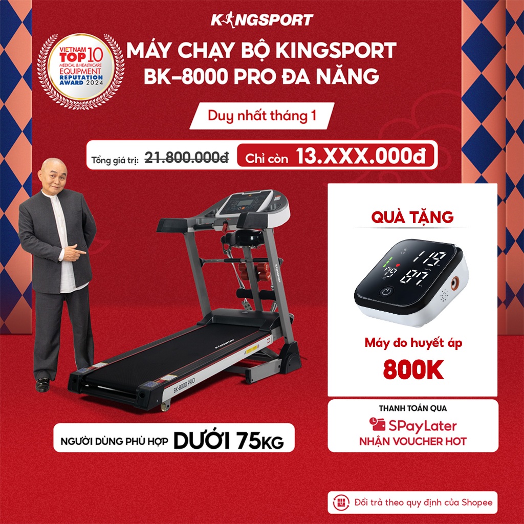 [KOL] Máy chạy bộ KINGSPORT BK-8000 Pro đa năng, tốc độ tối đa 14km/h, có đai massage, thanh gập bụn
