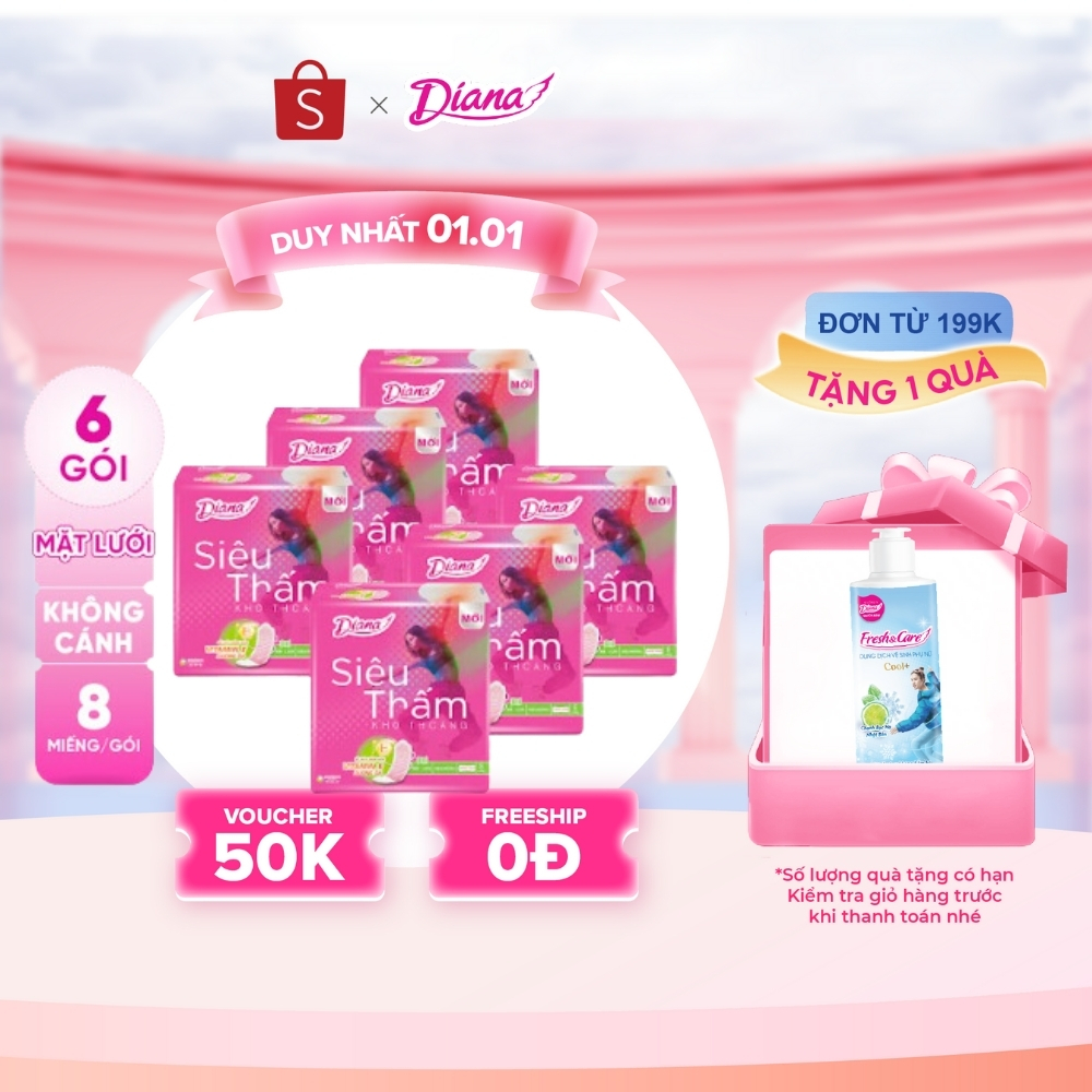  Bộ 6 gói băng Vệ Sinh Diana Siêu thấm Siêu mỏng không cánh  Gói 8 Miếng  