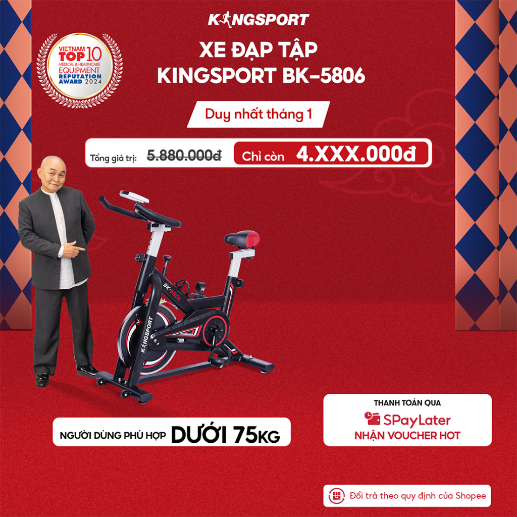 Xe đạp tập KINGSPORT BK-5806 bánh đà 6kg khả năng kháng lực cao, tích hợp đồng hồ đo lường chỉ số