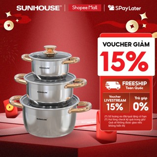  Bộ nồi inox 5 đáy Sunhouse SH781 - gồm 3 nồi với đường kính 16cm-20cm-24cm - Đáy từ dùng mọi loại bếp - 5 lớp đáy 