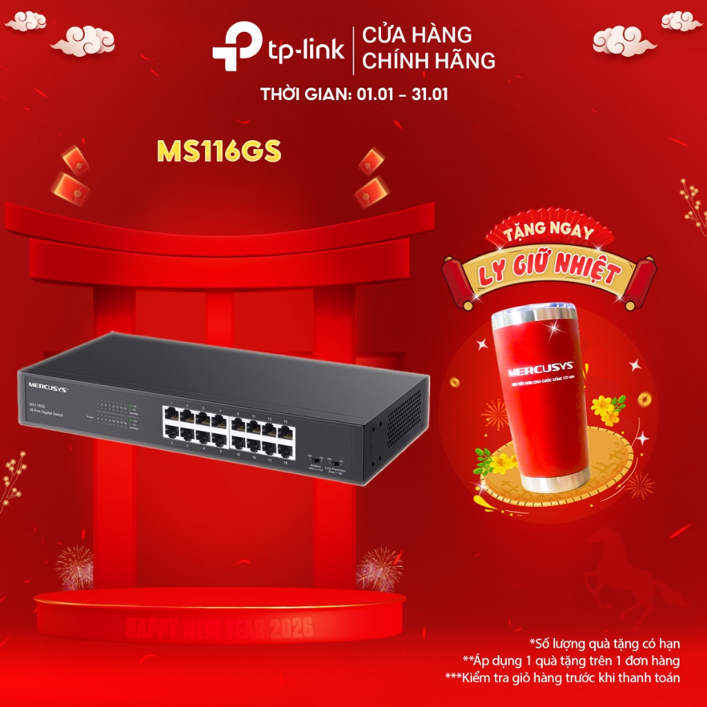 Switch Gigabit Mercusys MS116GS 16 Cổng 10/100/1000Mbps, Quản Lý QoS, Chống Loop, Vỏ Kim Loại