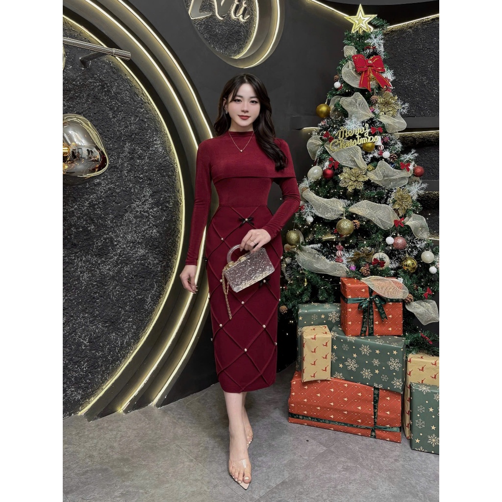 VK15 - Váy Thiết Kế Evii dành cho nữ Đầm thiết kế cổ thuyền phối nhún kim cương co dãn họa tiết liền